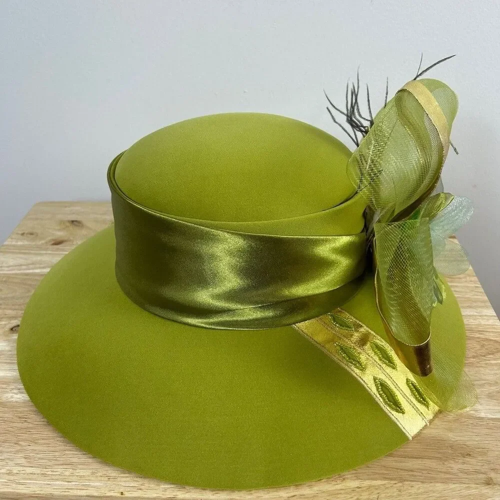 Donna Vinci Womens Lime Green Church Hat Wide Brim Feather Bow Beaded Trim